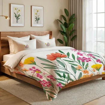 Lenjerie de pat dubla Super King (FR), 3 piese, L'essentiel Maison, Clementine, Crem / Portocaliu / Verde / Galben imagine