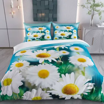 Lenjerie de pat dubla Super King (FR), 3 piese, L'essentiel Maison, Daisy, Bumbac;Poliester, Albastru / Alb / Galben / Verde imagine