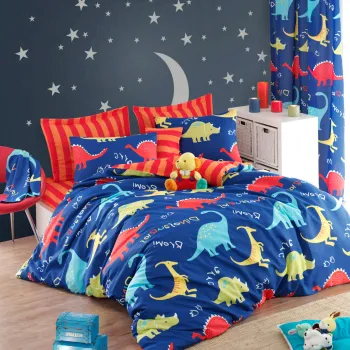 Lenjerie de pat dubla Super King (FR), 3 piese, L'essentiel Maison, Dinazorus, 65% bumbac/35% poliester, Albastru / Rosu / Galben imagine