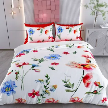 Lenjerie de pat dubla Super King (FR), 3 piese, L'essentiel Maison, Floser, Bumbac;Poliester, Alb / Rosu / Verde / Albastru imagine