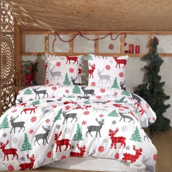 Lenjerie de pat dubla Super King (FR), 3 piese, L'essentiel Maison, Geyik, Alb / Rosu / Verde / Gri imagine