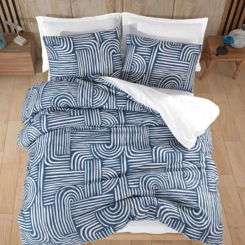 Lenjerie de pat dubla Super King (FR), 3 piese, L'essentiel Maison, Line Art, 65% bumbac/35% poliester, Albastru imagine