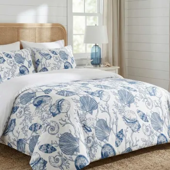 Lenjerie de pat dubla Super King (FR), 3 piese, L'essentiel Maison, Seashelly, Bumbac;Poliester, Albastru/Alb imagine