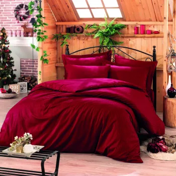 Lenjerie de pat dubla Super King (FR), 3 piese, L'essentiel Maison, Stripe, Bumbac Satinat, Rosu claret imagine