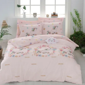 Lenjerie de pat dubla Super King (FR), 3 piese, L'essentiel Maison, Unicornlar, 65% bumbac/35% poliester, Roz / Bej imagine