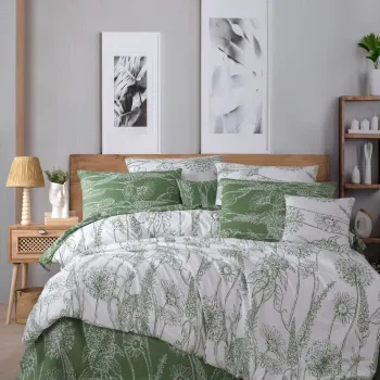 Lenjerie de pat dubla Super King (FR), L'essentiel Maison, Lara, Alb/Verde imagine