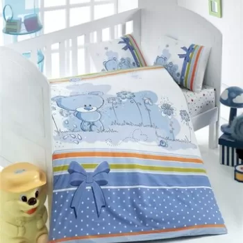 Lenjerie de pat pentru copii, Victoria, Bear, 4 piese, 100% bumbac ranforce, albastru/alb imagine