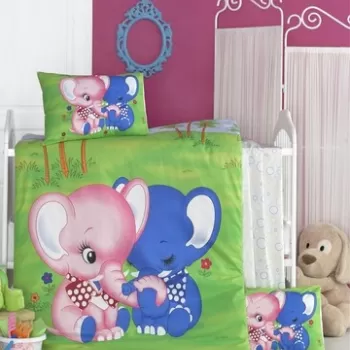 Lenjerie de pat pentru copii, Victoria, Elephant, 4 piese, 100% bumbac ranforce, verde/albastru imagine