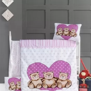 Lenjerie de pat pentru copii, Victoria, Friend Bears, 4 piese, 100% bumbac ranforce, mov/alb imagine
