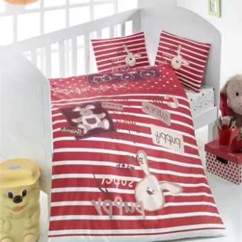 Lenjerie de pat pentru copii, Victoria, Friends, 4 piese, 100% bumbac ranforce, rosu/bej imagine