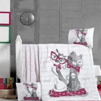 Lenjerie de pat pentru copii, Victoria, Kittens, 4 piese, 100% bumbac ranforce, fucsia/gri imagine