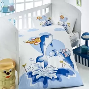 Lenjerie de pat pentru copii, Victoria, Ocean, 4 piese, 100% bumbac ranforce, albastru/alb imagine