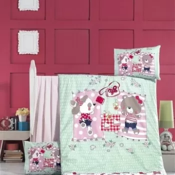 Lenjerie de pat pentru copii, Victoria, Sleepy, 4 piese, 100% bumbac ranforce, verde/rosu imagine