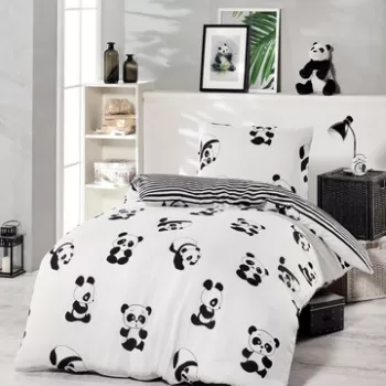 Lenjerie de pat pentru o persoana, 2 piese, 140x200 cm, amestec bumbac, EnLora Home, Panda, negru imagine