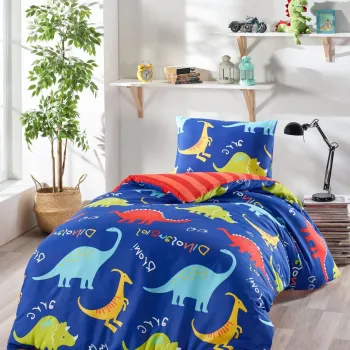 Lenjerie de pat pentru o persoana 2 piese, Dinazorus, EnLora Home, 65% bumbac/35% poliester imagine