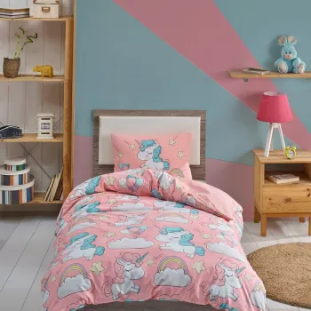 Lenjerie de pat pentru o persoana 2 piese, Unicornio - Pink, EnLora Home, 65% bumbac/35% poliester imagine