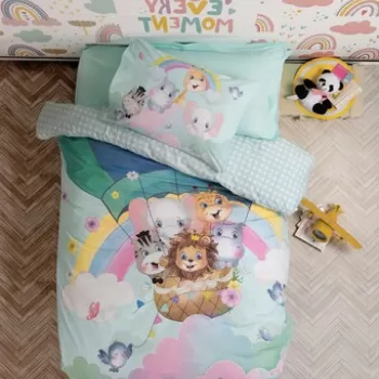 Lenjerie de pat pentru o persoana, 3 piese, 160x220 cm, 100% bumbac ranforce, Cotton Box, Cute Animals, menta imagine