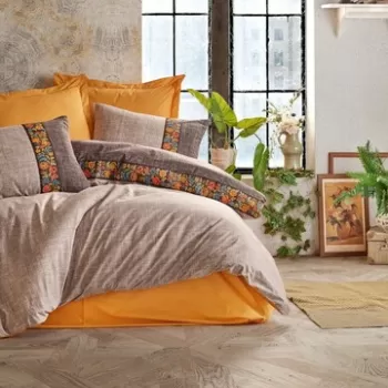 Lenjerie de pat pentru o persoana, 3 piese, 160x220 cm, 100% bumbac ranforce, Cotton Box, Folk Art, maro nurca imagine