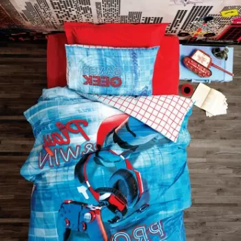 Lenjerie de pat pentru o persoana, 3 piese, 160x220 cm, 100% bumbac ranforce, Cotton Box, Game, albastru imagine