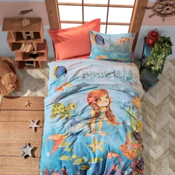 Lenjerie de pat pentru o persoana, 3 piese, 160x220 cm, 100% bumbac ranforce, Cotton Box, Mermaid, coral imagine