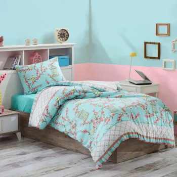 Lenjerie de pat pentru o persoana, Birdcage - Turquoise, Eponj Home, 65% bumbac/35% poliester imagine