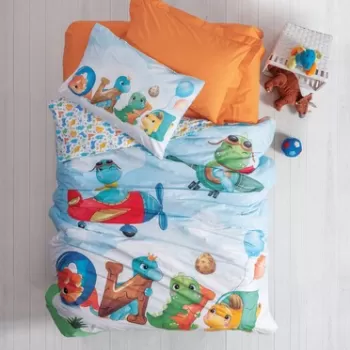 Lenjerie de pat pentru o persoana + cearceaf cu elastic Young, 3 piese, 160x220 cm, 100% bumbac ranforce, Cotton Box, Roar, portocaliu imagine