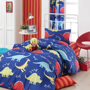 Lenjerie de pat pentru o persoana, Dinazorus - Blue, EnLora Home, 65% bumbac/35% poliester imagine