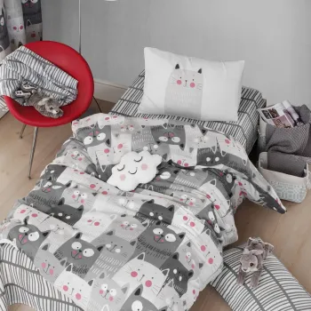 Lenjerie de pat pentru o persoana, Duvarda Kediler - Grey, EnLora Home, 65% bumbac/35% poliester imagine