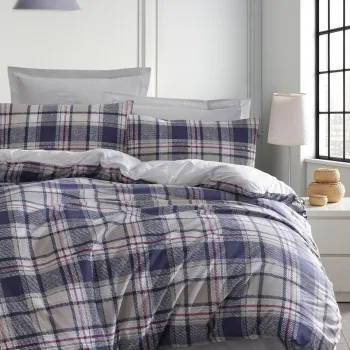 Lenjerie de pat pentru o persoana, Ekose - Dark Blue, EnLora Home, 65% bumbac/35% poliester imagine