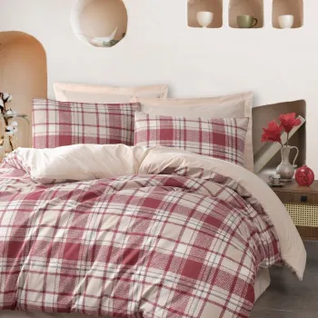 Lenjerie de pat pentru o persoana, Ekose - Red, EnLora Home, 65% bumbac/35% poliester imagine