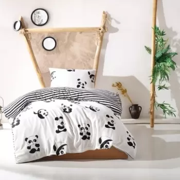 Lenjerie de pat pentru o persoana, EnLora Home, Panda Black White, 2 piese, amestec bumbac, alb/negru imagine