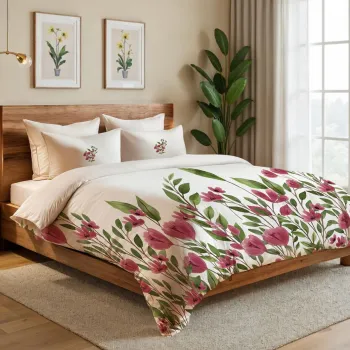 Lenjerie de pat pentru o persoana (FR), 2 piese, L'essentiel Maison, Tulipa, Crem / Roz / Burgundia / Verde imagine