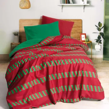 Lenjerie de pat pentru o persoana, L'essentiel Maison, Holly, Bumbac Ranforce, Verde/Rosu imagine