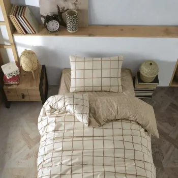 Lenjerie de pat pentru o persoana, L'essentiel Maison, Kare, Bumbac Ranforce, Crem imagine