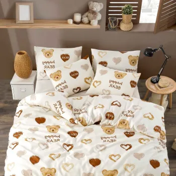 Lenjerie de pat pentru o persoana, L'essentiel Maison, Teddy Bear Heart Fitted, 65% bumbac/35% poliester , Mustar / Alb / Gri / Roz imagine