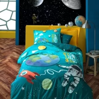 Lenjerie de pat pentru o persoana Little Astronaut - Turquoise, Cotton Box, 3 piese, bumbac ranforce, turcoaz imagine