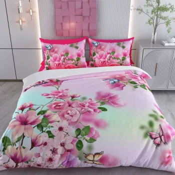 Lenjerie de pat pentru o persoana Single XXL (DE), 2 piese, L'essentiel Maison, Begona, Bumbac;Poliester, Alb / Roz / Verde imagine