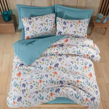 Lenjerie de pat pentru o persoana Single XXL (DE), 2 piese, L'essentiel Maison, Floral, 65% bumbac/35% poliester, Turcoaz / Liliac / Portocaliu / Alb imagine