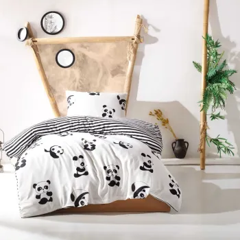 Lenjerie de pat pentru o persoana Single XXL (DE), 2 piese, L'essentiel Maison, Panda, 65% bumbac/35% poliester, Alb/Negru imagine
