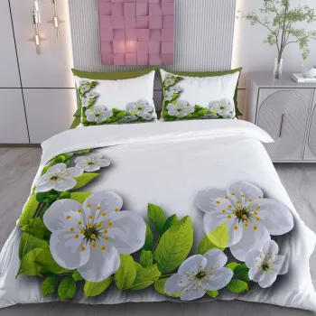 Lenjerie de pat pentru o persoana Single XXL (DE), 2 piese, L'essentiel Maison, Plum Blossom, Bumbac;Poliester, Alb / Verde / Gri imagine