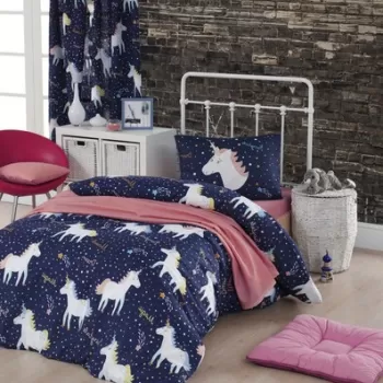Lenjerie de pat pentru o persoana Single XXL (DE), 2 piese, Magic Unicorn - Dark Blue, Eponj Home, 65% bumbac/35% poliester imagine
