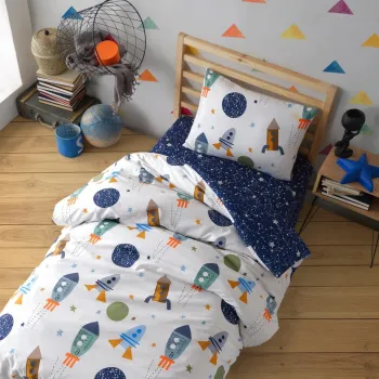 Lenjerie de pat pentru o persoana, SpaceX - Dark Blue, EnLora Home, 80% bumbac / 20% poliester imagine