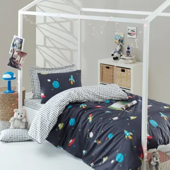 Lenjerie de pat pentru o persoana, Uzay - Dark Blue, Eponj Home, 65% bumbac/35% poliester imagine