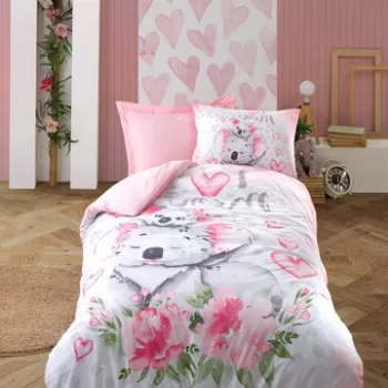 Lenjerie de pat pentru o persoana Young, 3 piese, 160x220 cm, 100% bumbac ranforce, Cotton Box, Koala, roz imagine