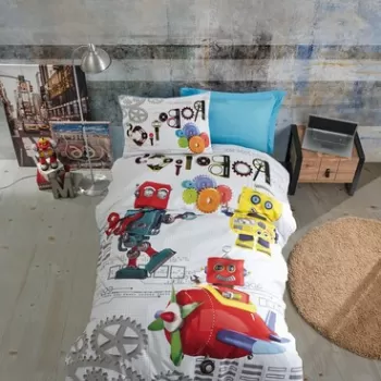 Lenjerie de pat pentru o persoana Young, 3 piese, 160x220 cm, 100% bumbac ranforce, Cotton Box, Robot, albastru imagine