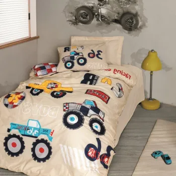 Lenjerie de pat pentru o persoana Young, Cars - Beige v2, Cotton Box, Bumbac Ranforce imagine