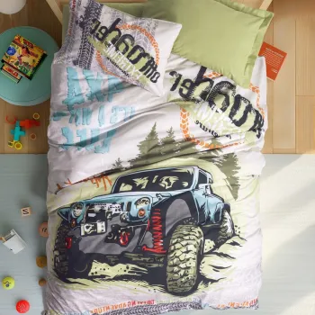 Lenjerie de pat pentru o persoana Young, L'essentiel Maison, Adventure, Bumbac Ranforce, Verde imagine