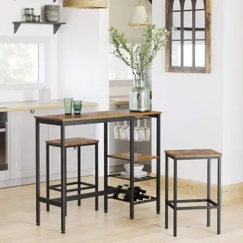 Masa de bar cu suport pahare si sticle / dulap bucatarie Alinru, Vasagle, 110x40x90 cm, PAL/otel, maro rustic imagine