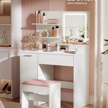 Masa de machiaj cu oglinda LED si priza Kailyn, Vasagle, 80x40x132 cm, PAL, alb imagine