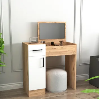 Masa de machiaj, Hanah Home, Inci, 77x108.8x37.3 cm, Pin Atlantic / Alb imagine